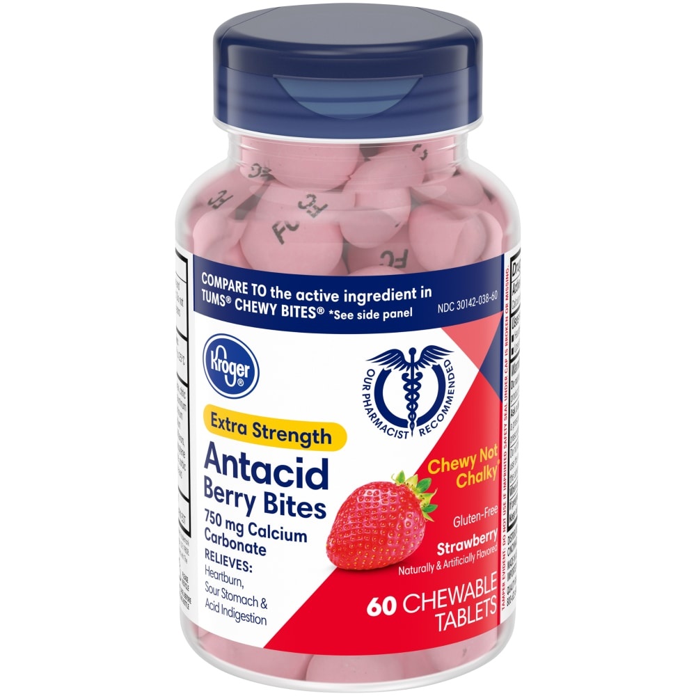 slide 1 of 1, Kroger Strawberry Extra Strength Antacid Berry Bites Chewable Tablets 750Mg, 60 ct