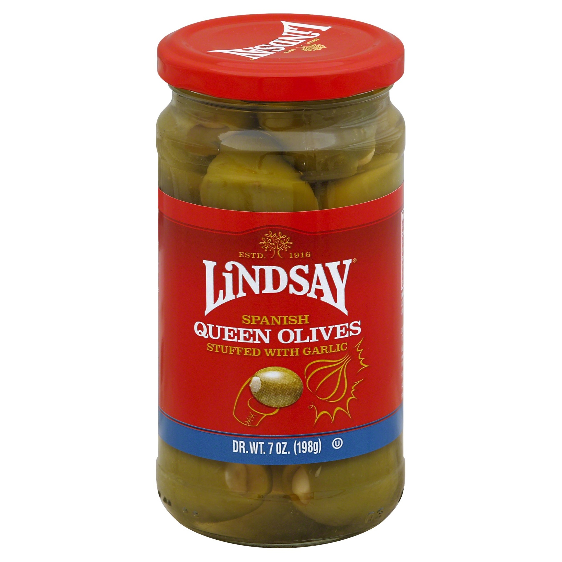 slide 1 of 6, Lindsay Queen Olives With Garlic, 7 oz