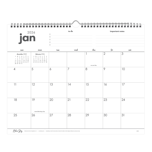 slide 3 of 3, Blue Sky 2026 Blue Sky Monthly Wall Calendar, 15"" x 12"", To Do, January To December, 152697, 1 ct