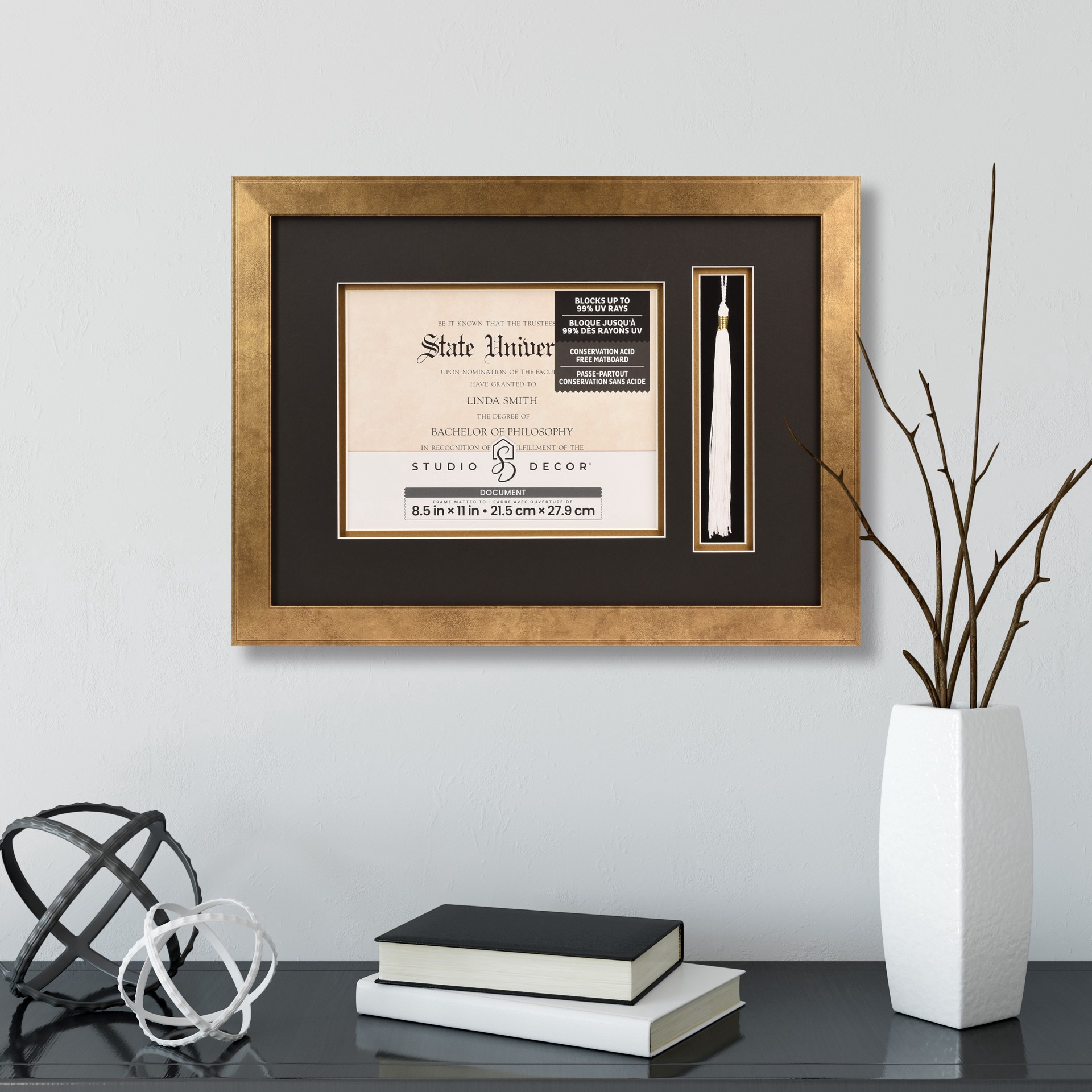 slide 2 of 4, 2 Opening Gold 8.5" X 11" Document & Tassel Frame With Double Mat By Studio Decor, 8.5 in x 11 in