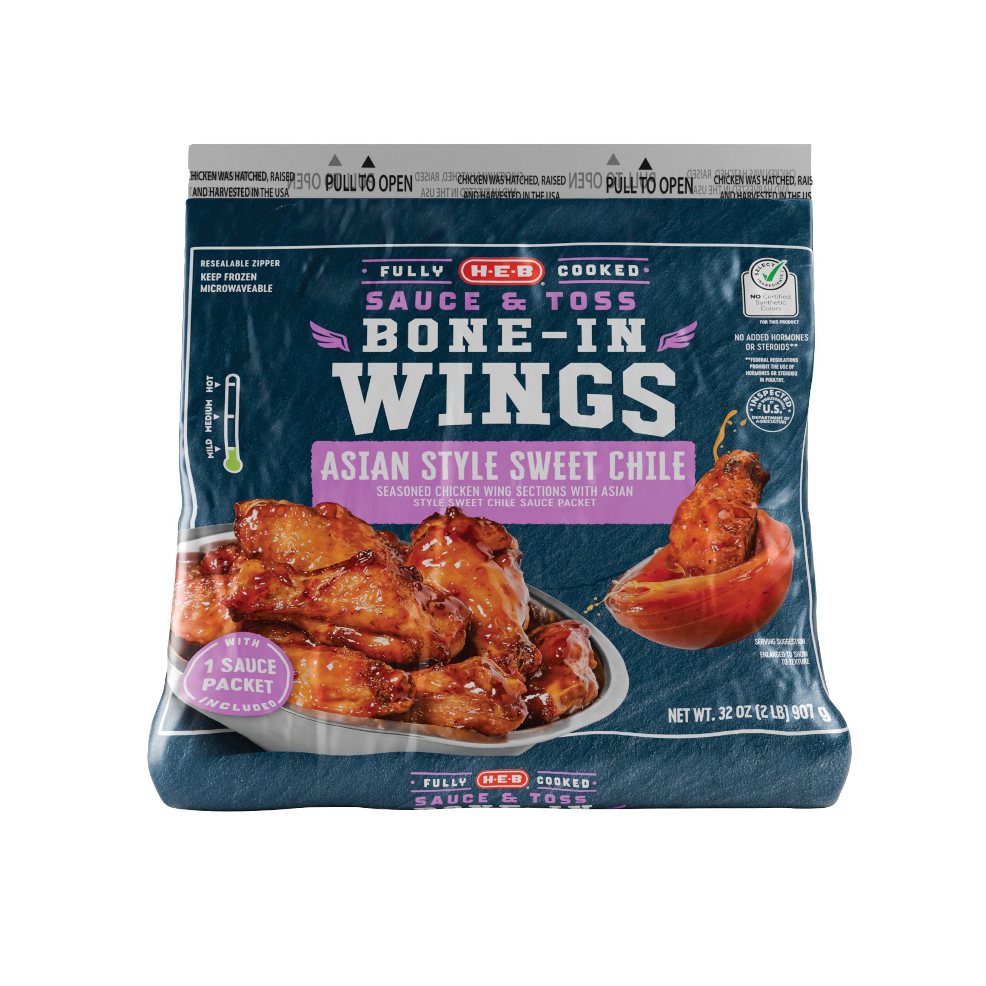 slide 1 of 1, H-E-B Frozen Fully Cooked Bone-In Wings - Asian Style Sweet Chile, 32 oz
