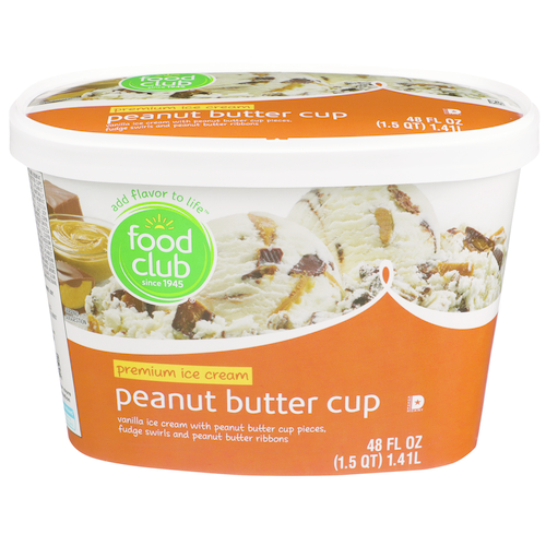 slide 1 of 1, Food Club Peanut Butter Cup Vanilla Premium Ice Cream With Peanut Butter Cup Pieces, Fudge Swirls And Peanut Butter Ribbons, 48 fl oz