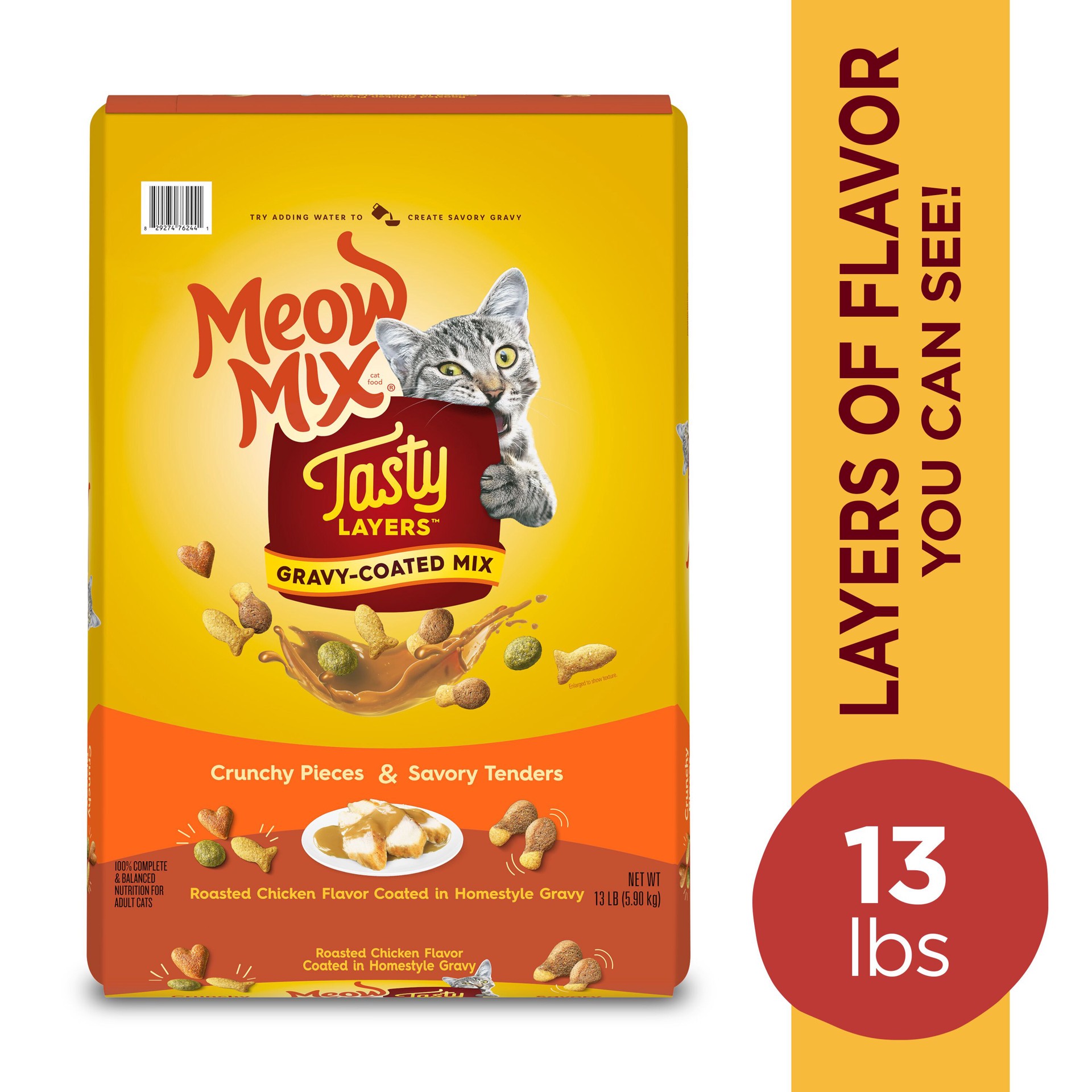slide 4 of 7, Meow Mix Tasty Layers Dry Cat Food, Roasted Chicken Flavor Coated in Homestyle Gravy, 13 lb Bag, 13 lb