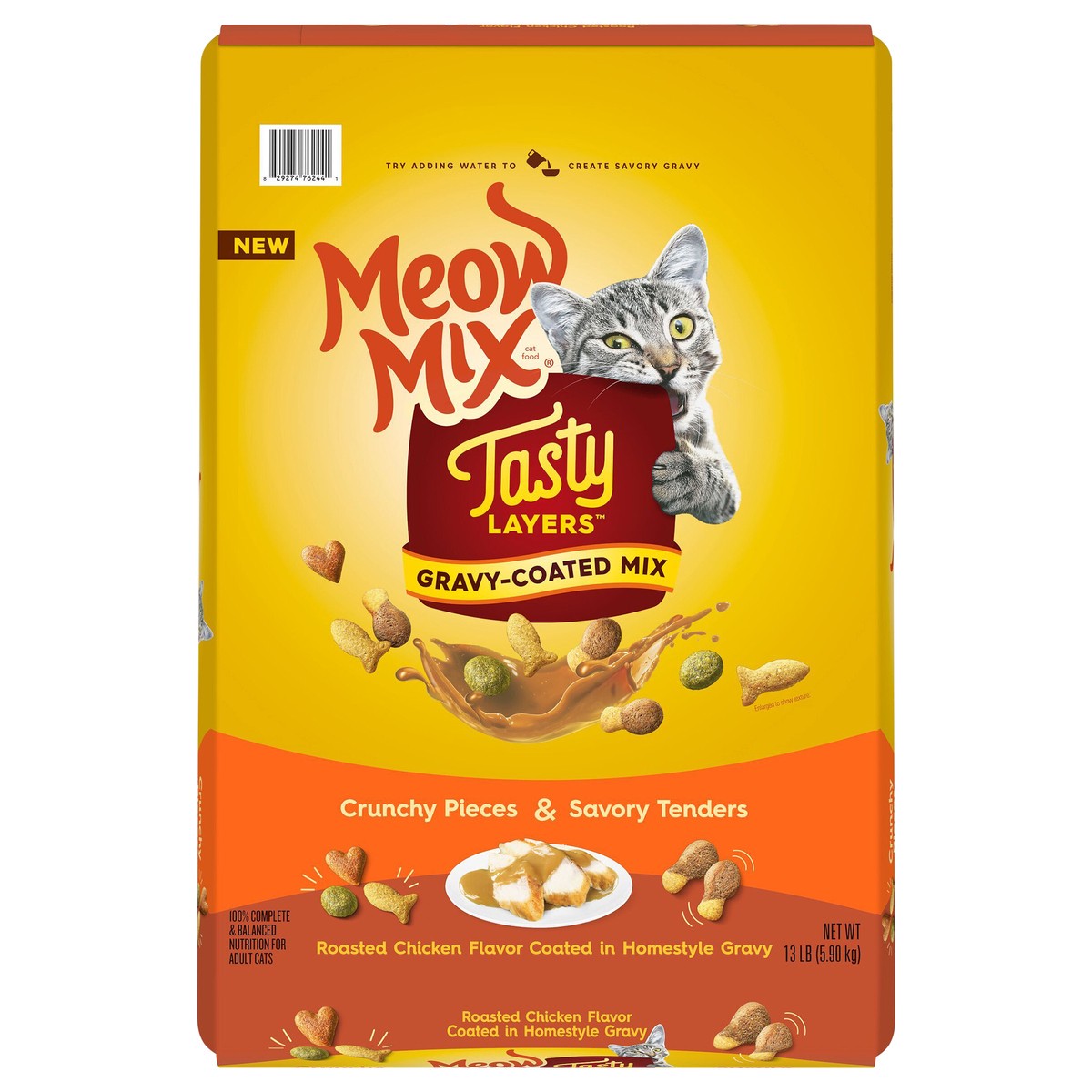 slide 1 of 7, Meow Mix Tasty Layers Dry Cat Food, Roasted Chicken Flavor Coated in Homestyle Gravy, 13 lb Bag, 13 lb