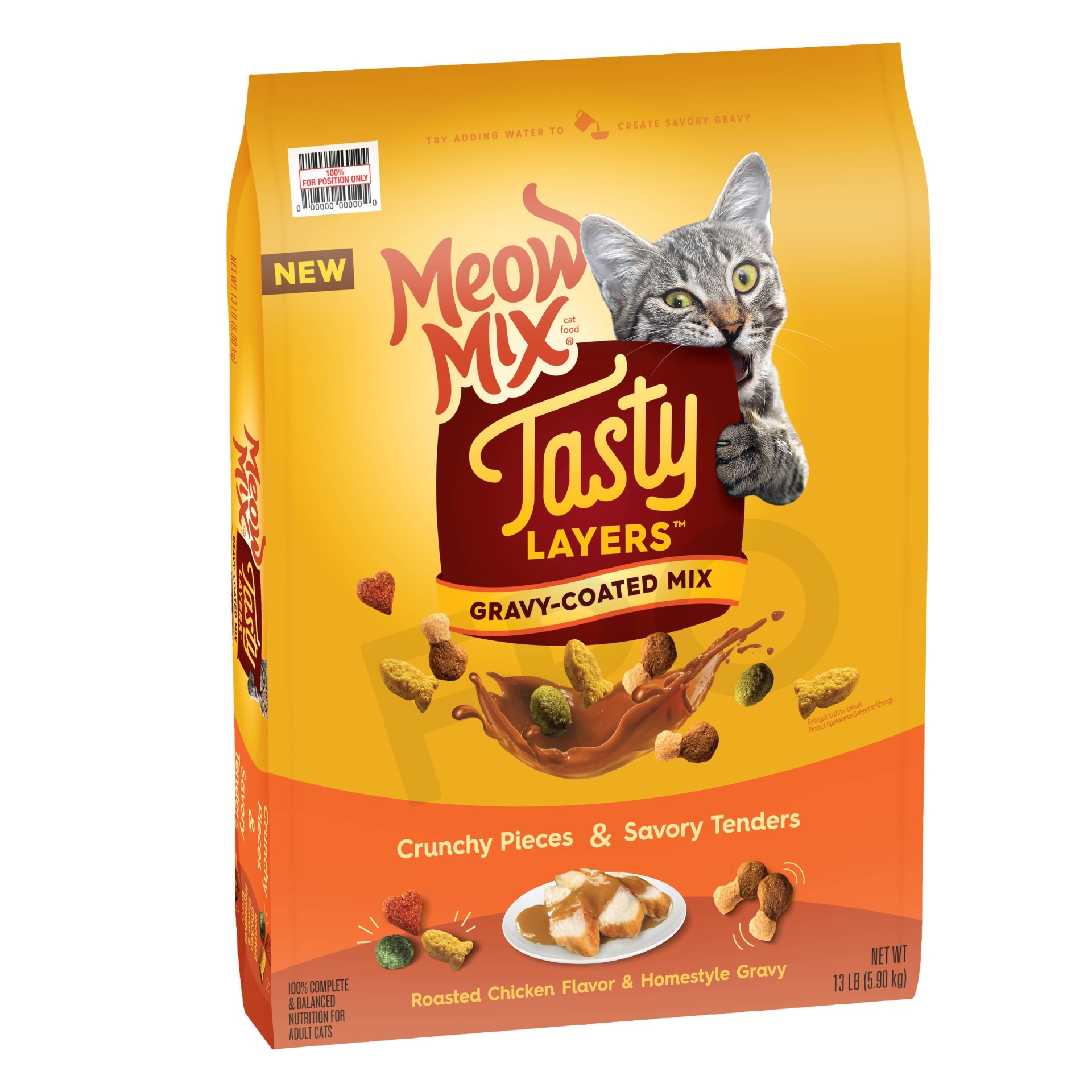 slide 1 of 1, Meow Mix Tasty Tasty Layers Roasted Chicken Flavor and Homestyle Gravy Dry Cat Food, 13 lb