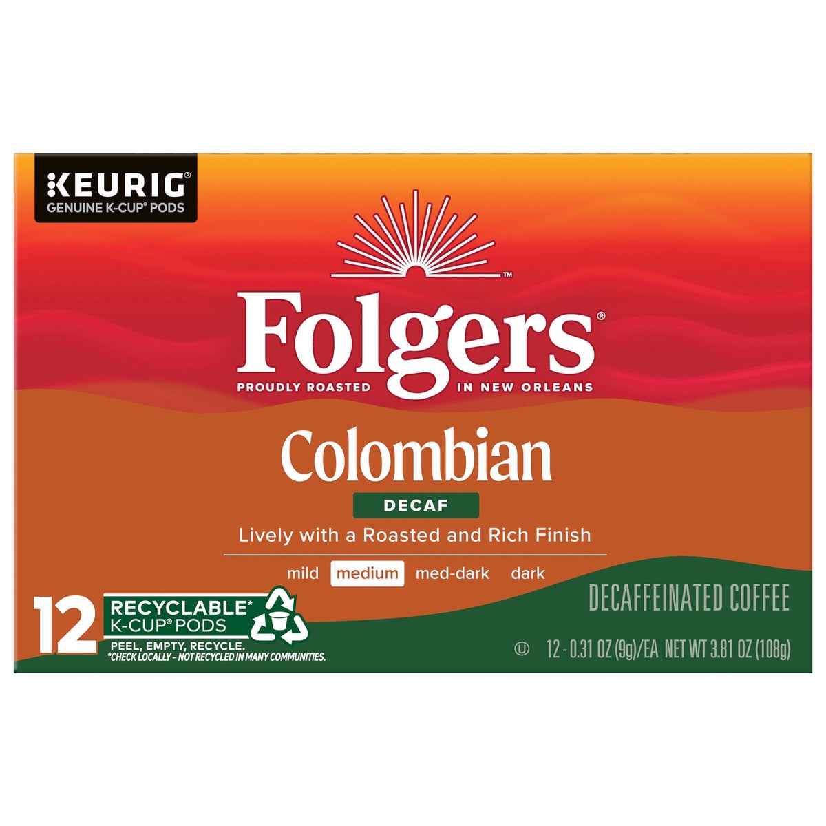 slide 1 of 1, Folgers Colombian Decaffeinated Coffee, Medium Roast, Keurig K-Cup Pods- 12 ct, 12 ct