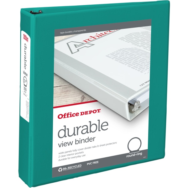 slide 1 of 3, Office Depot Brand Durable View Round-Ring Binders, 1-1/2'' Round Rings, Teal, Pack Of 12 Binders, 12 ct