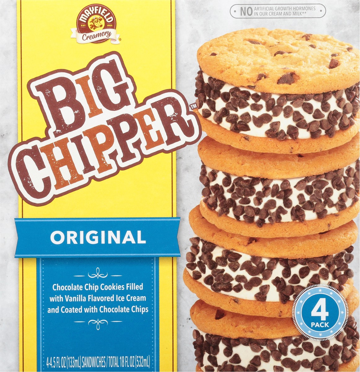 slide 1 of 9, Mayfield Dairy Farms Original Big Chipper Ice Cream Sandwich 4 - 4.5 fl oz Sandwiches, 18 fl oz