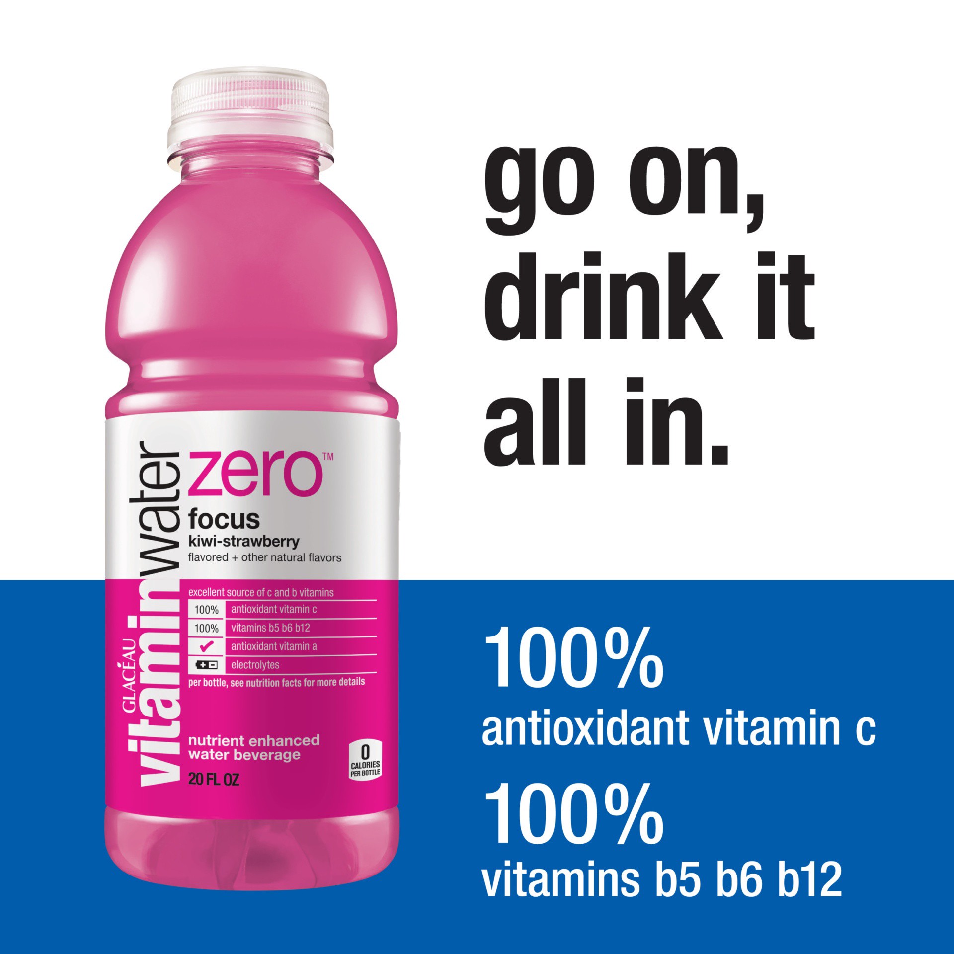 slide 9 of 11, vitaminwater Zero Nutrient Enhanced Focus Kiwi-Strawberry Water Beverage - 20 oz, 20 oz