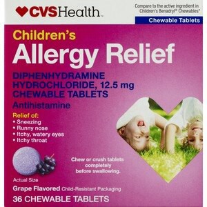 slide 1 of 1, CVS Health Children's Allergy Relief Diphenhydramine Hcl Chewable Antihistamine Tablets, Grape, 36 Ct, 1 ct