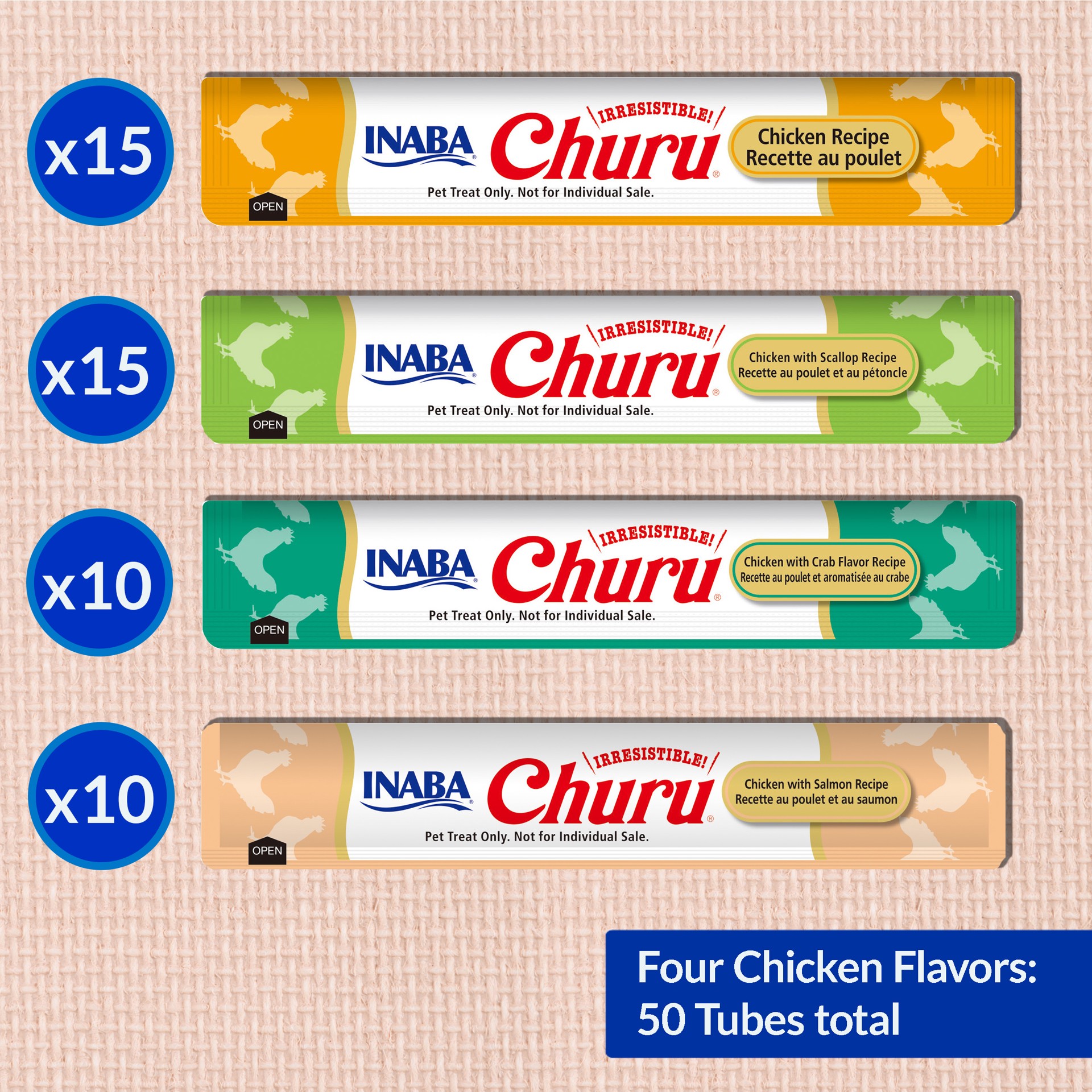 slide 5 of 9, Inaba Churu Cat Treats, Grain-Free, Lickable, Squeezable Creamy Purée Cat Treat with Vitamin E & Taurine, 0.5 Ounces Each Tube, 50 Tubes, Chicken & Seafood Variety, 50 ct