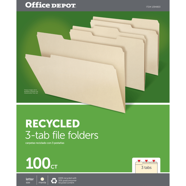 slide 3 of 3, Office Depot Brand File Folders, Letter Size, 100% Recycled, Manila, Pack Of 100, 100 ct