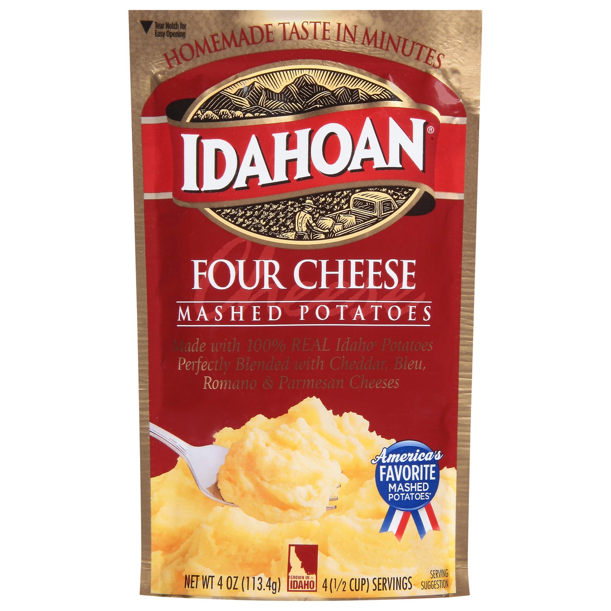 slide 1 of 9, Idahoan Four Cheese Mashed Potatoes 4 oz, 4 oz