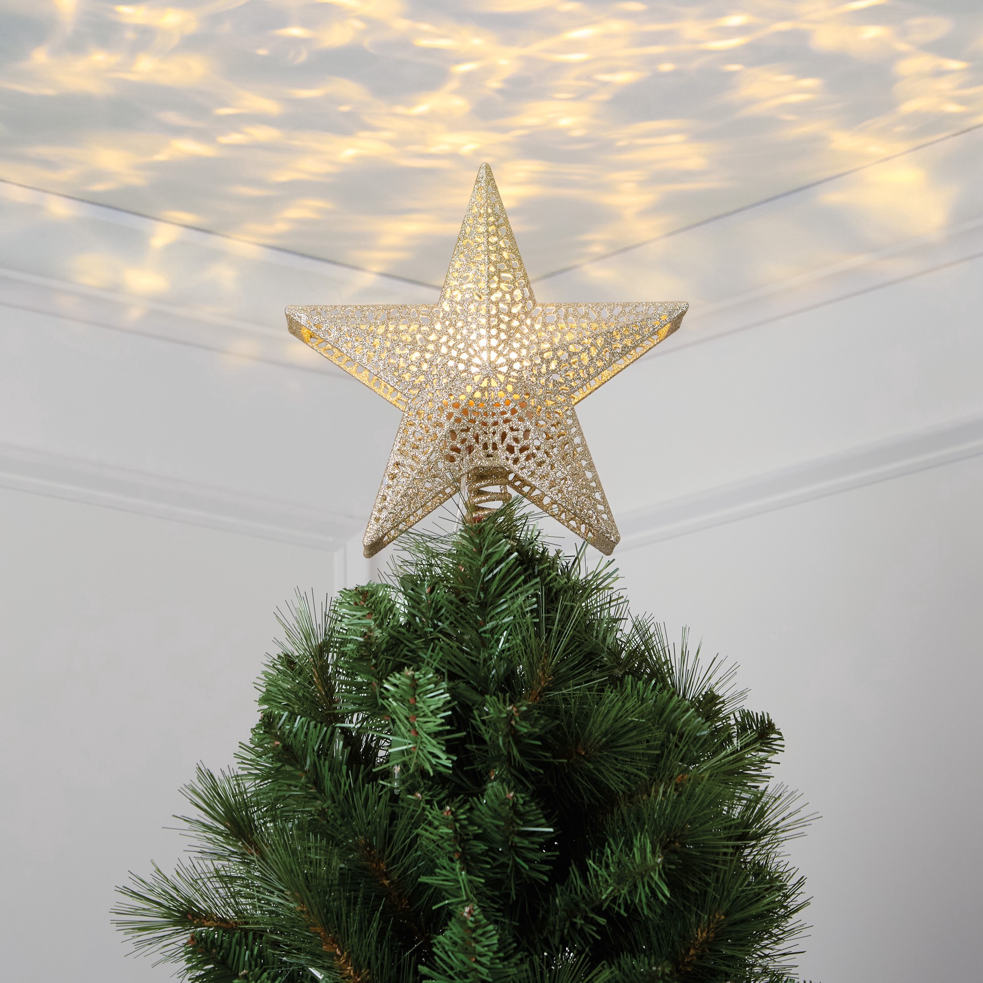 slide 4 of 4, 9.5" Gold Glitter Star Lighted Projection Tree Topper By Ashland, 9.5 in