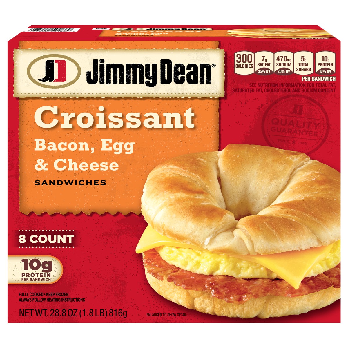 slide 1 of 1, Jimmy Dean Croissant Breakfast Sandwiches with Bacon, Egg, and Cheese, Frozen, 8 Count, 816.47 g