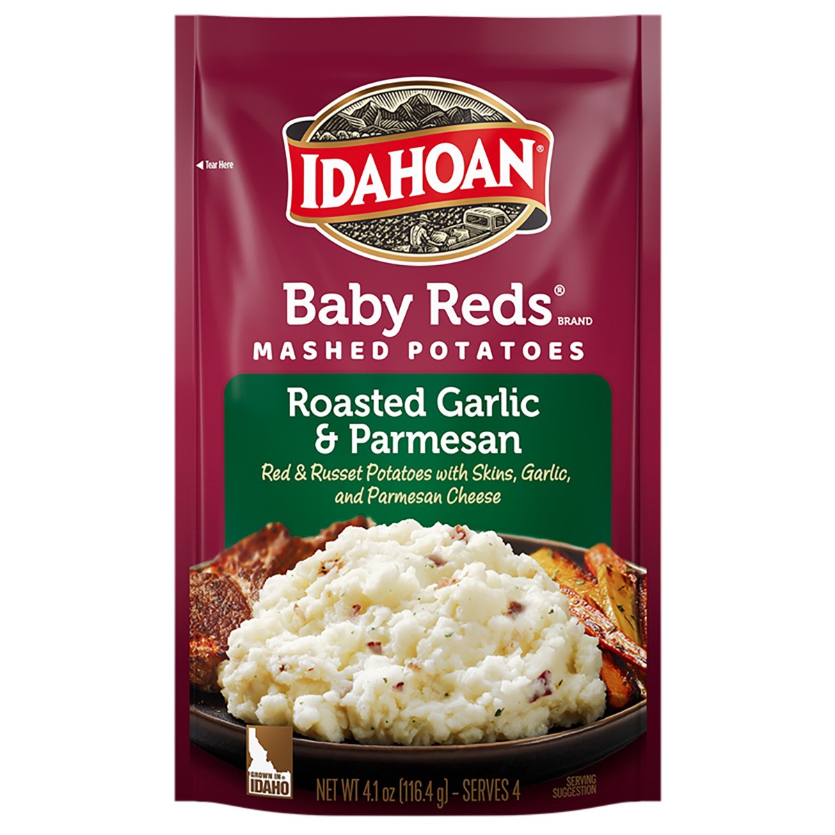 slide 1 of 9, Idahoan Roasted Garlic & Parmesan Mashed Potatoes, 4.1 fl oz