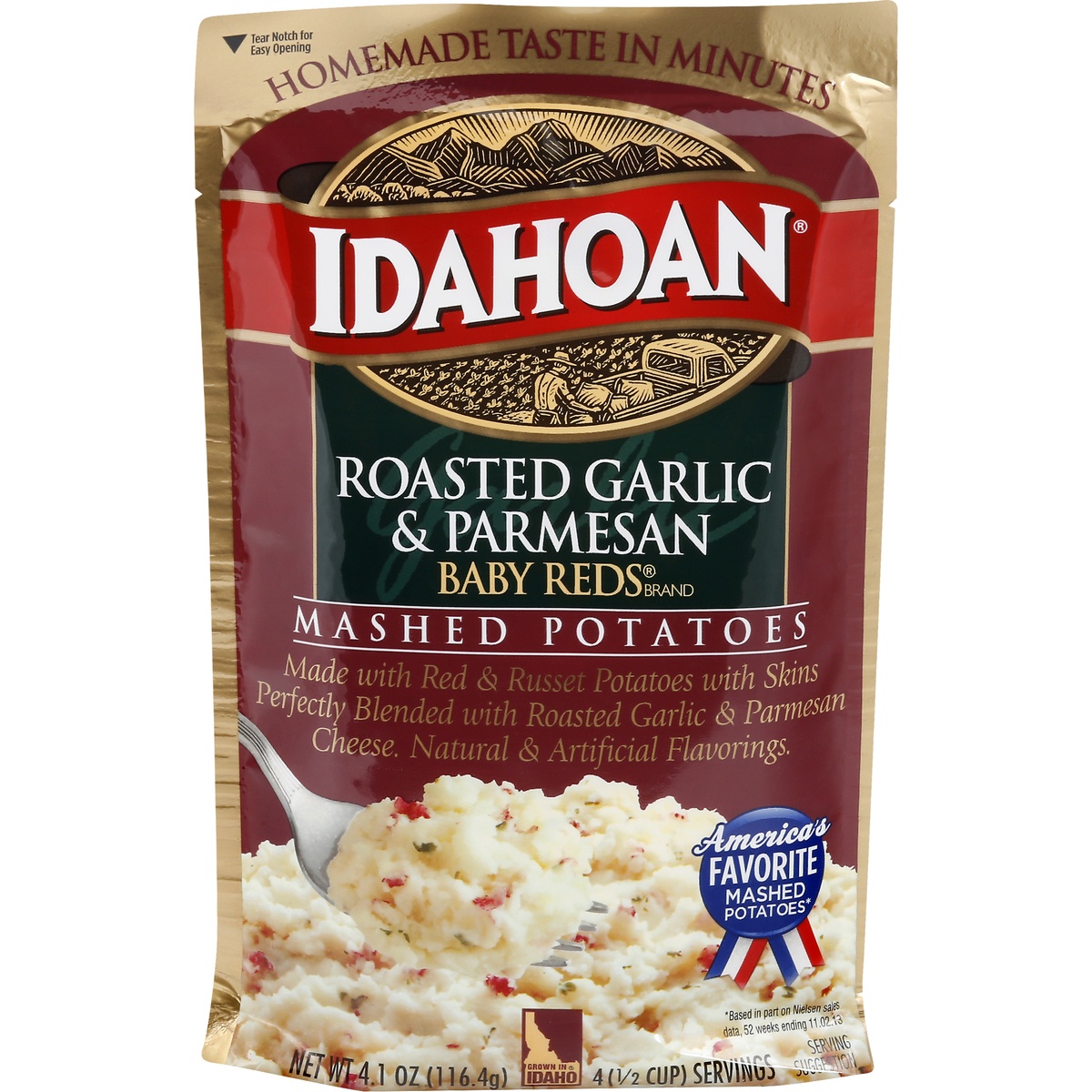 slide 1 of 9, Idahoan Roasted Garlic & Parmesan Baby Reds Mashed Potatoes, 4.1 oz