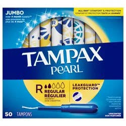 Tampax Pearl Tampons, with LeakGuard Braid, Regular Absorbency, Unscented, 50 Count