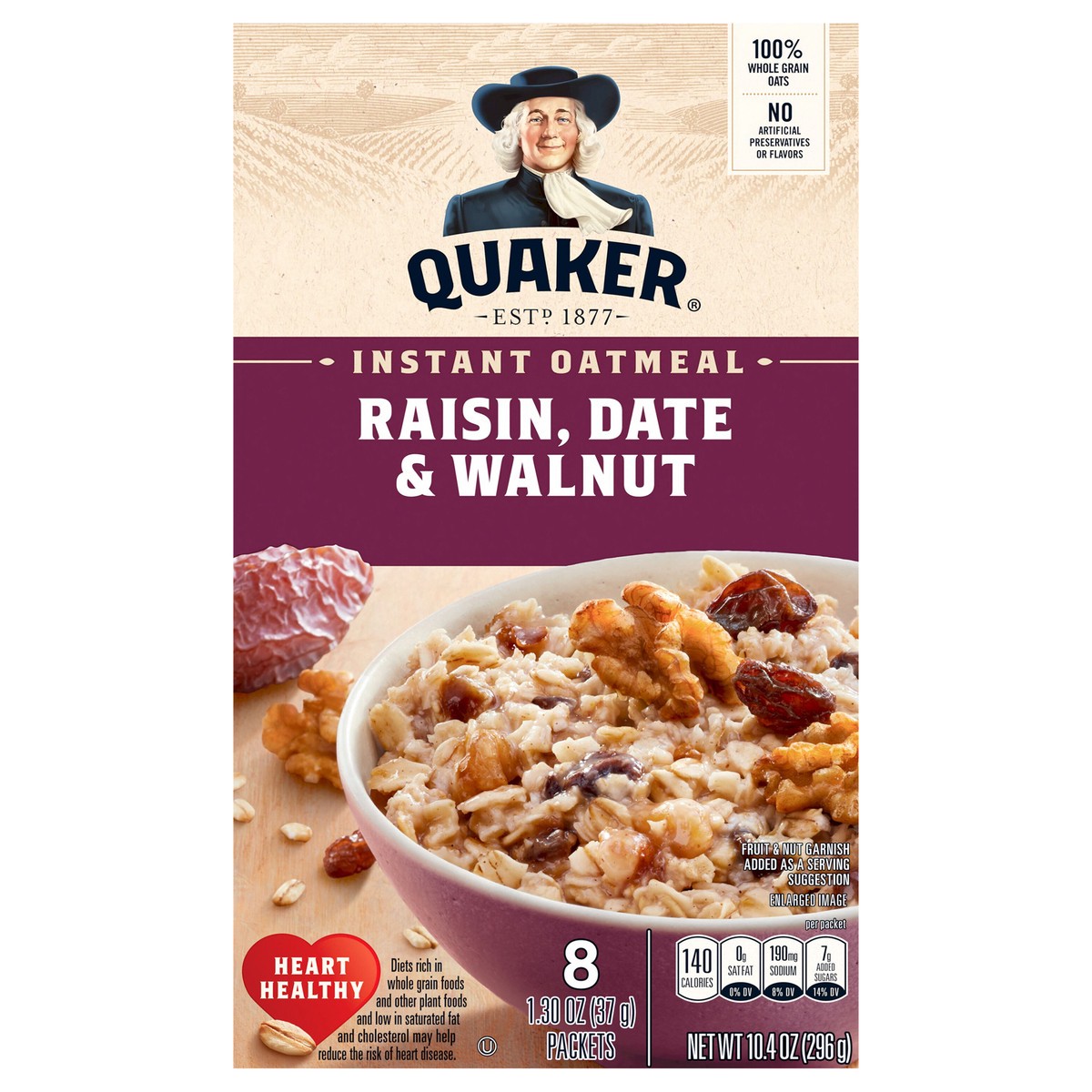 slide 1 of 7, Quaker Instant Oatmeal, Raisin, Date & Walnut, 1.3 oz