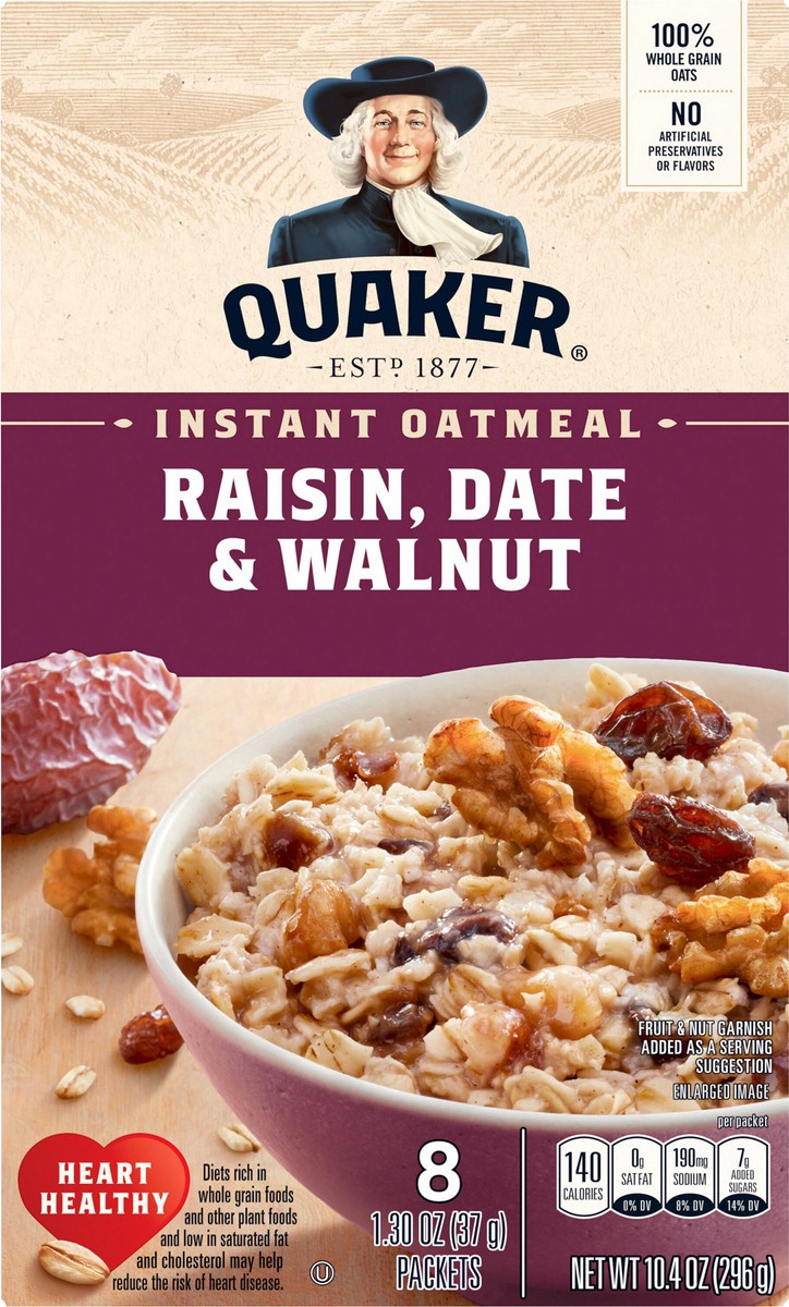 slide 3 of 7, Quaker Instant Oatmeal, Raisin, Date & Walnut, 1.3 oz