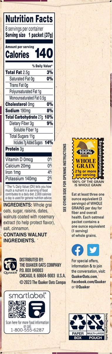 slide 4 of 7, Quaker Instant Oatmeal, Raisin, Date & Walnut, 1.3 oz