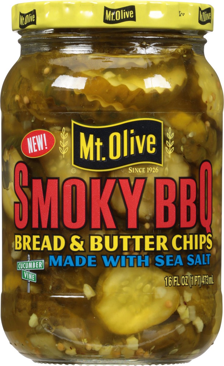 slide 1 of 7, Mt. Olive Smoky BBQ Bread & Butter Chips Pickles 16 fl oz Jar, 16 fl oz