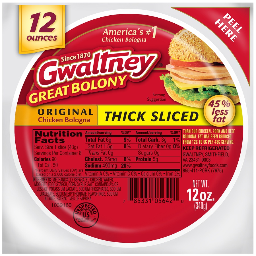 slide 1 of 1, Gwaltney Original Thick Slice Chicken Bologna, 12 oz