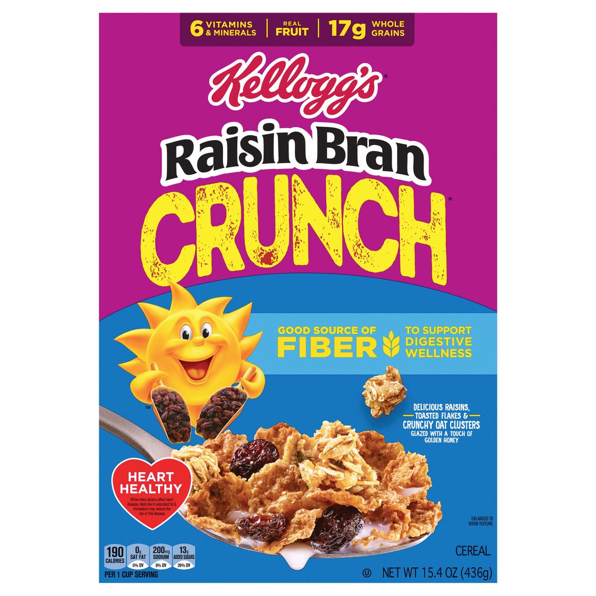slide 1 of 5, Raisin Bran Kellogg's Raisin Bran Crunch Breakfast Cereal, Fiber Cereal, Family Breakfast, 15.4oz Box (1 Box), 15.40 oz