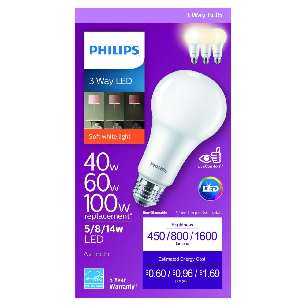 slide 1 of 1, Philips 5/8/14-Watt (40/60/100-Watt) A21 Indoor Led Light Bulb, 1 ct