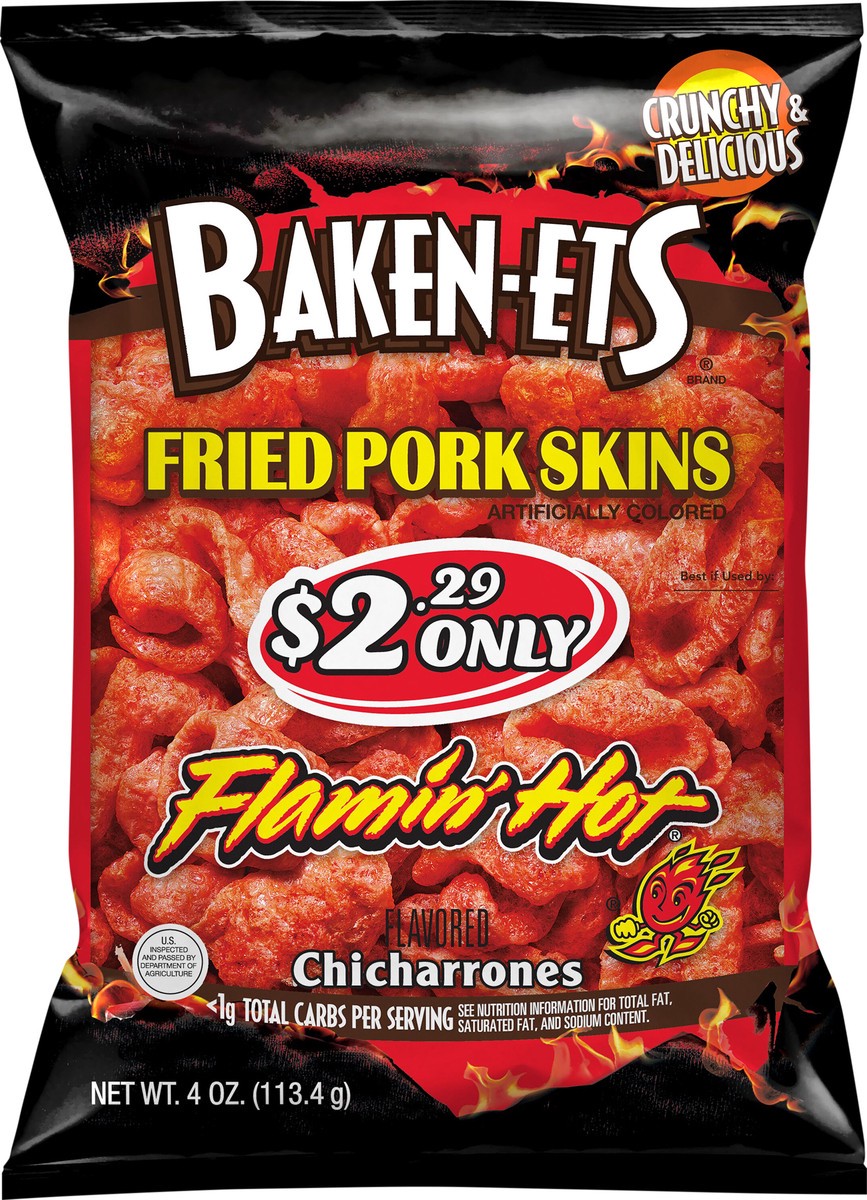 slide 2 of 7, Baken-ets Chicharrones Flavored Fried Pork Skins Flamin' Hot 4 Oz, 4 oz