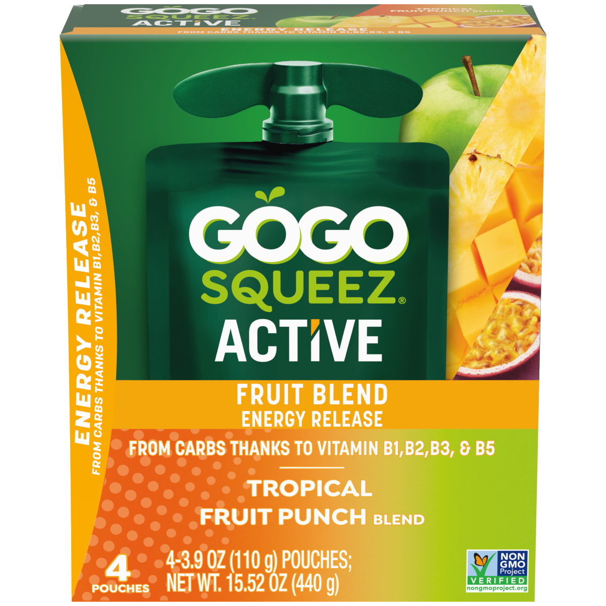 slide 1 of 2, GoGo squeeZ Active Fruit Blend Energy Release, Tropical Fruit Punch - 3.9oz/4ct, 3.9 oz, 4 ct