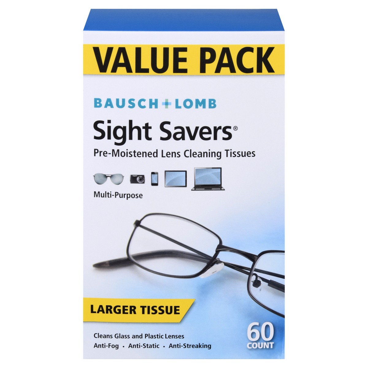 slide 1 of 9, Bausch + Lomb Sight Savers Value Pack Larger Pre-Moistened Lens Cleaning Tissues 60 ea, 60 ct