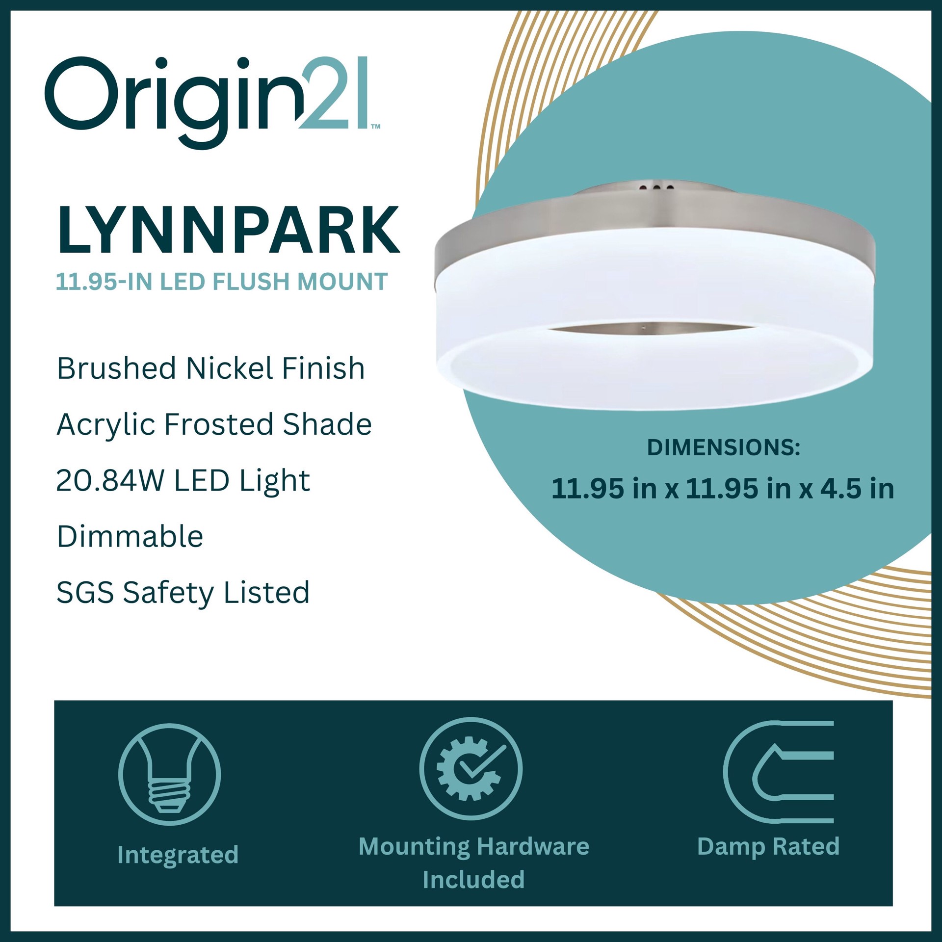 slide 3 of 6, Origin 21 Lynnpark 1 -Light 11.95-in Brushed Nickel Integrated LED Flush Mount Light, 1 ct