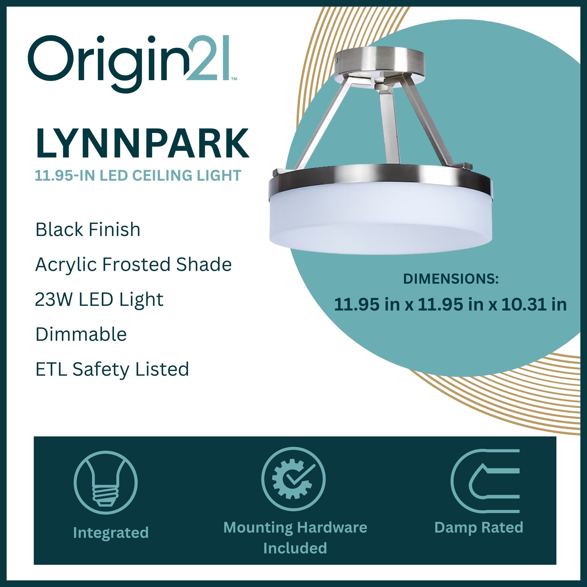 slide 3 of 6, Origin 21 Lynnpark 1 -Light 11.95-in Brushed Nickel Integrated LED Semi Flush Mount Light, 1 ct