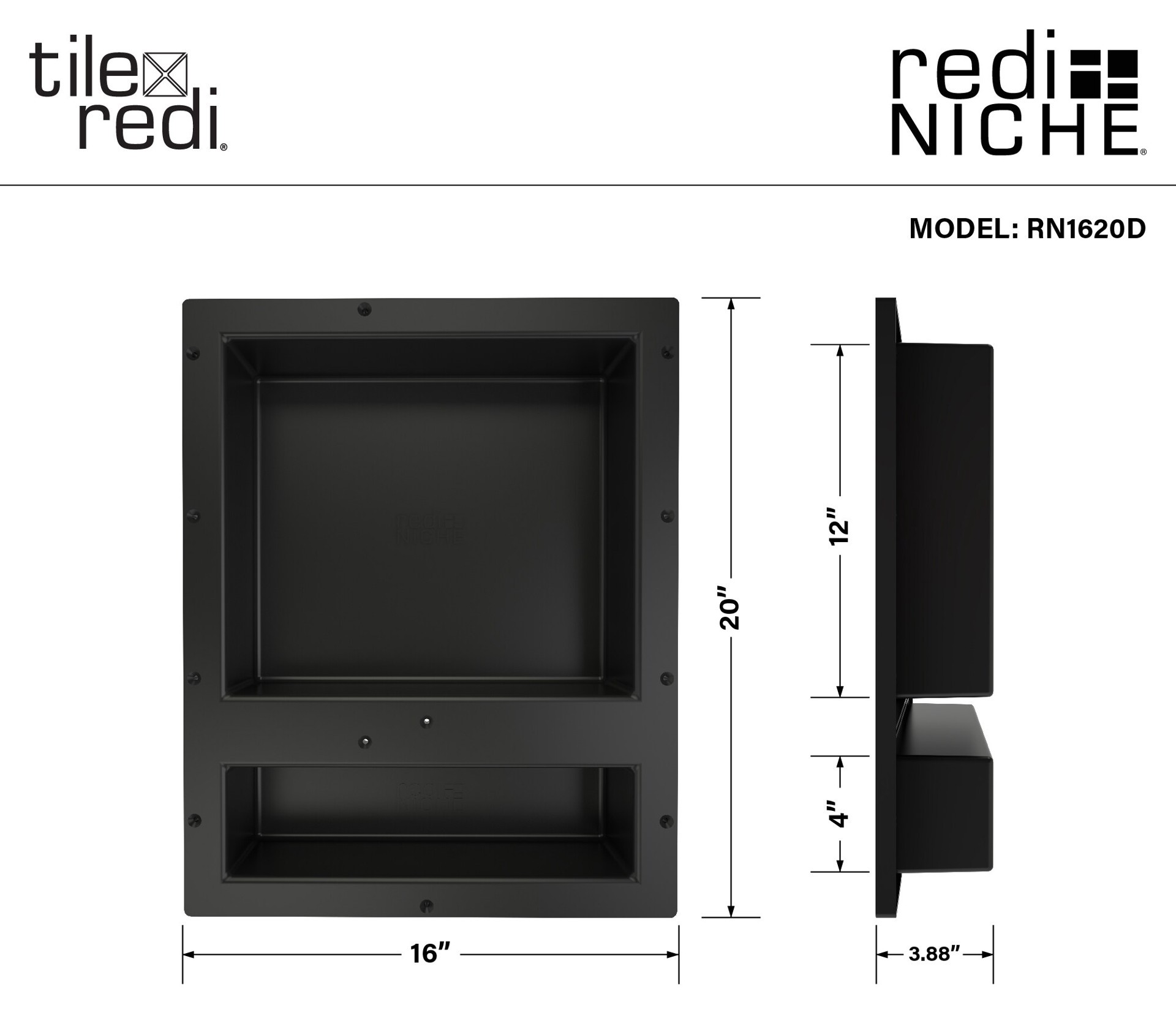 slide 4 of 6, Tile Redi Niche Recessed Double Shower Wall Shelf, 16-in W x 20-in H x 4-in D, 1 ct