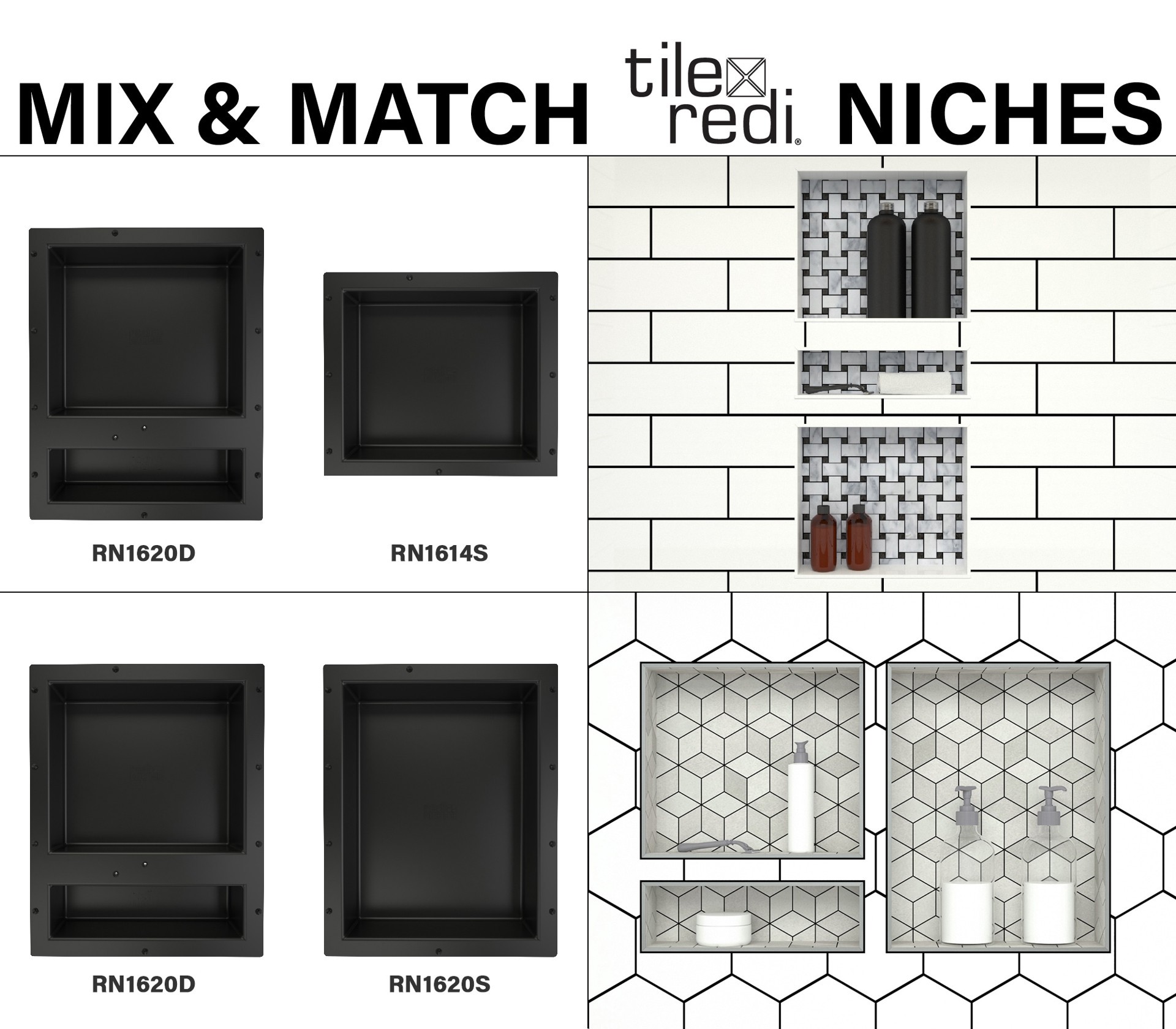 slide 5 of 6, Tile Redi Niche Recessed Double Shower Wall Shelf, 16-in W x 20-in H x 4-in D, 1 ct