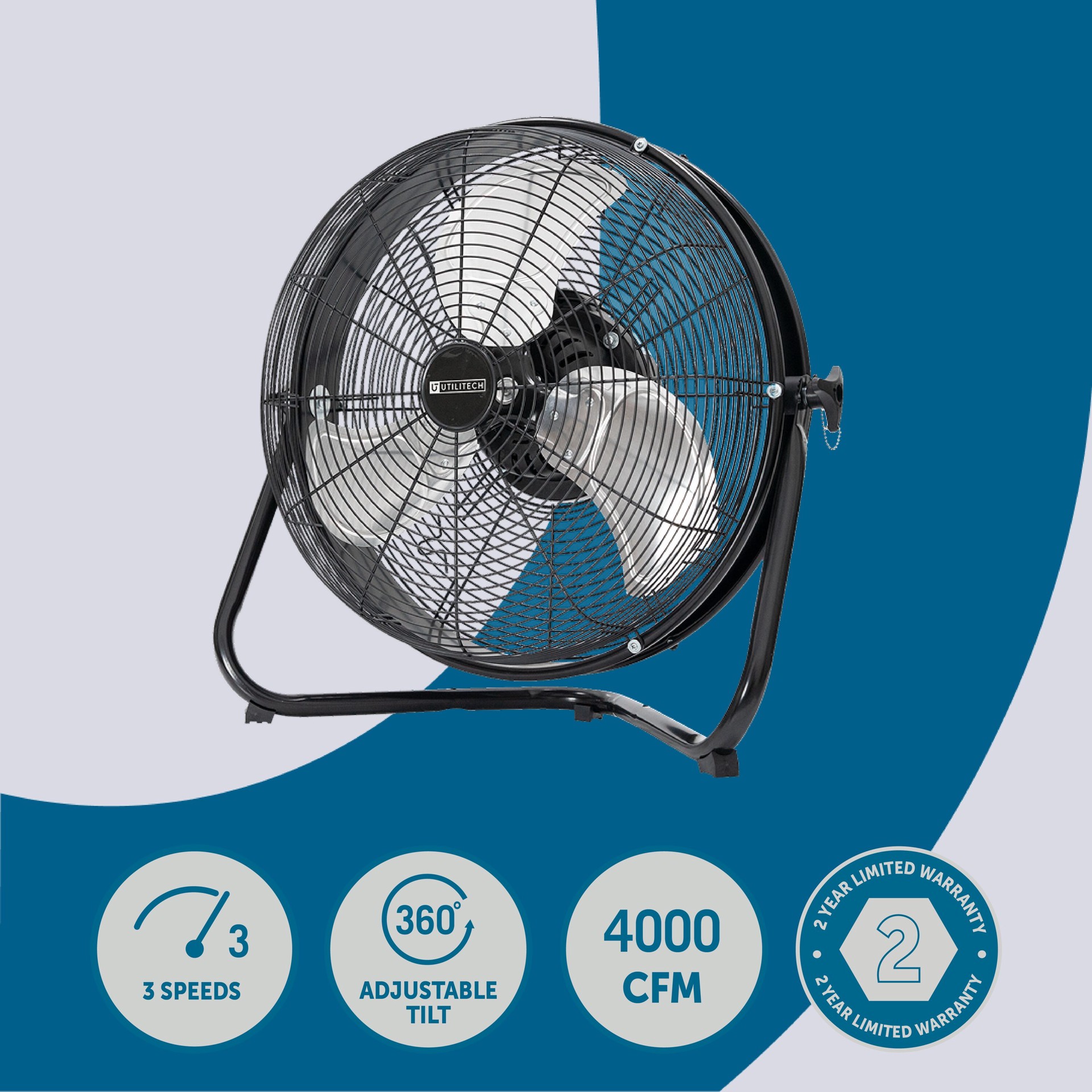 slide 2 of 6, Utilitech 18-in 120 -Volt 3 -Speed High Velocity Indoor Black Oscillating Floor Fan, 1 ct
