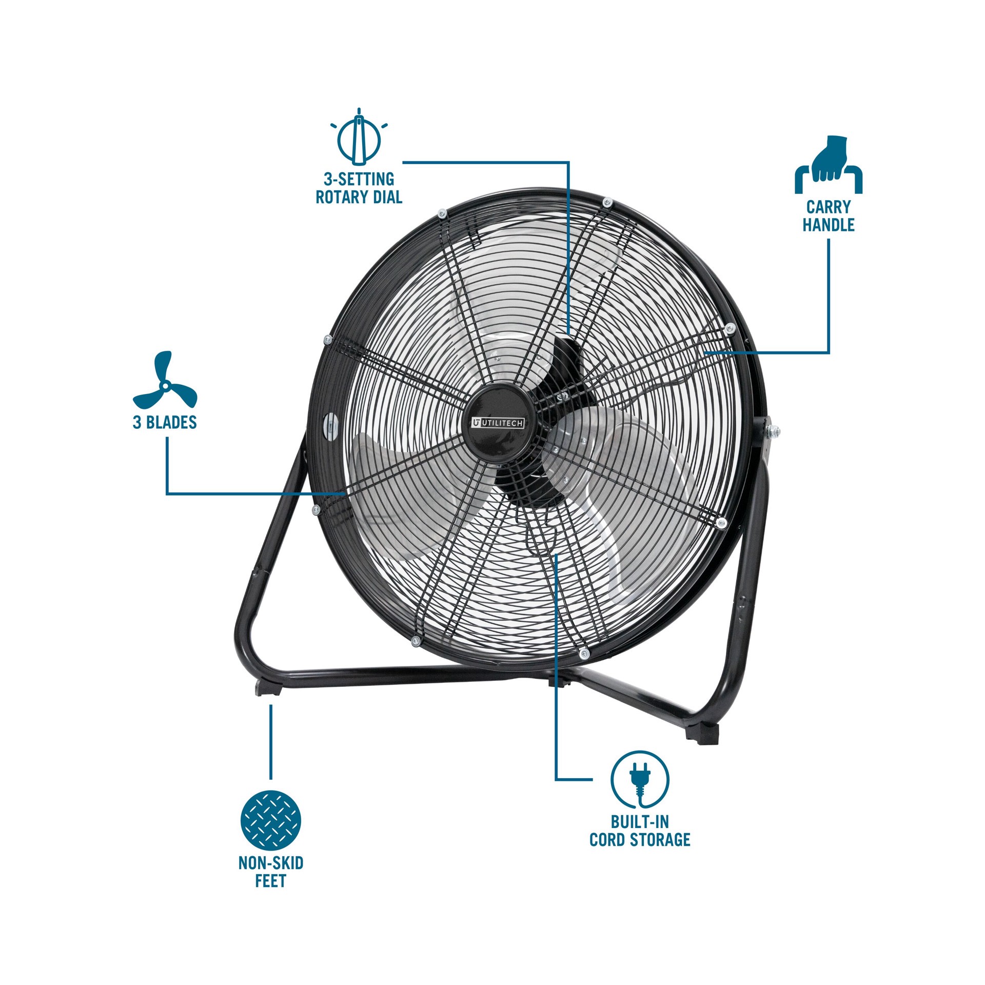 slide 3 of 6, Utilitech 20-in 120 -Volt 3 -Speed High Velocity Indoor Black Floor Fan, 1 ct