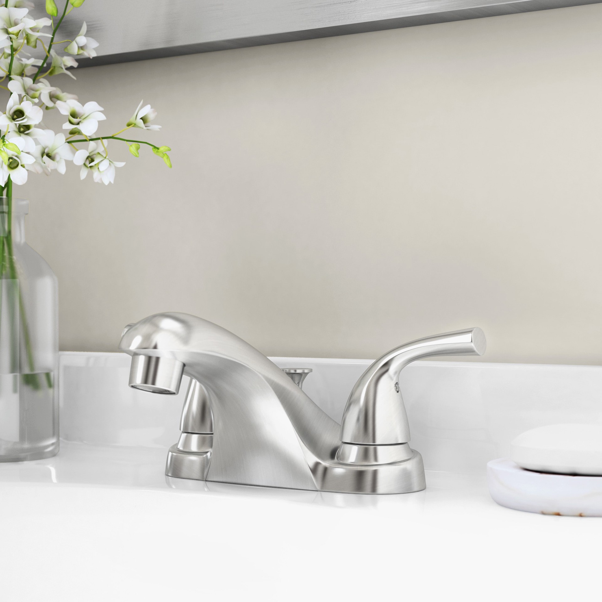 slide 2 of 6, Delta Foundations Chrome 4-in centerset 2-handle WaterSense Mid-arc Residential Handle Bathroom Sink Faucet with Drain, 1 ct