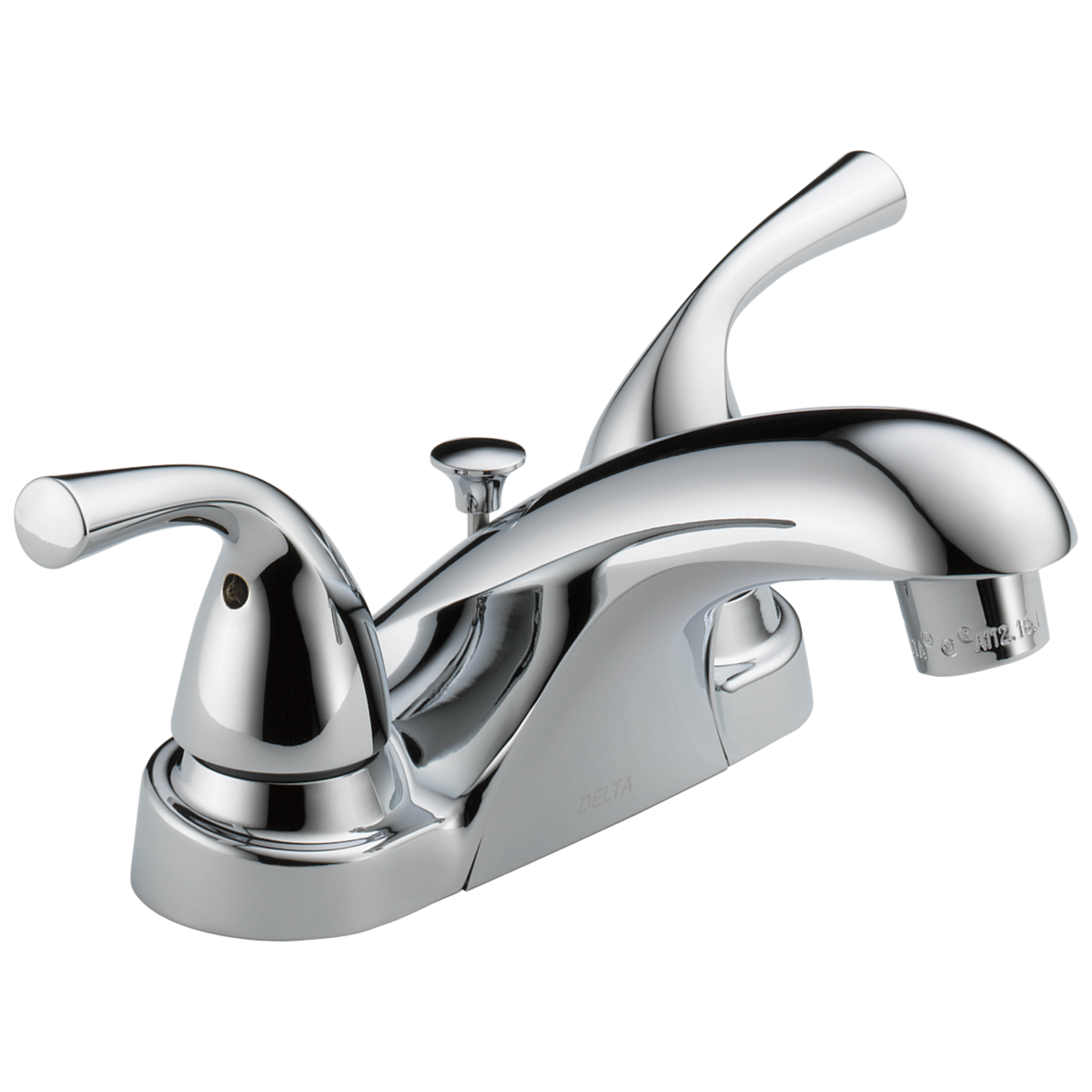 slide 3 of 6, Delta Foundations Chrome 4-in centerset 2-handle WaterSense Mid-arc Residential Handle Bathroom Sink Faucet with Drain, 1 ct