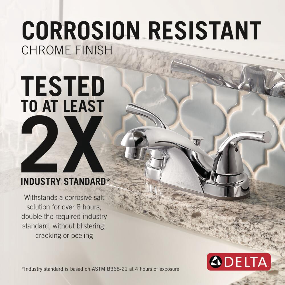 slide 4 of 6, Delta Foundations Chrome 4-in centerset 2-handle WaterSense Mid-arc Residential Handle Bathroom Sink Faucet with Drain, 1 ct