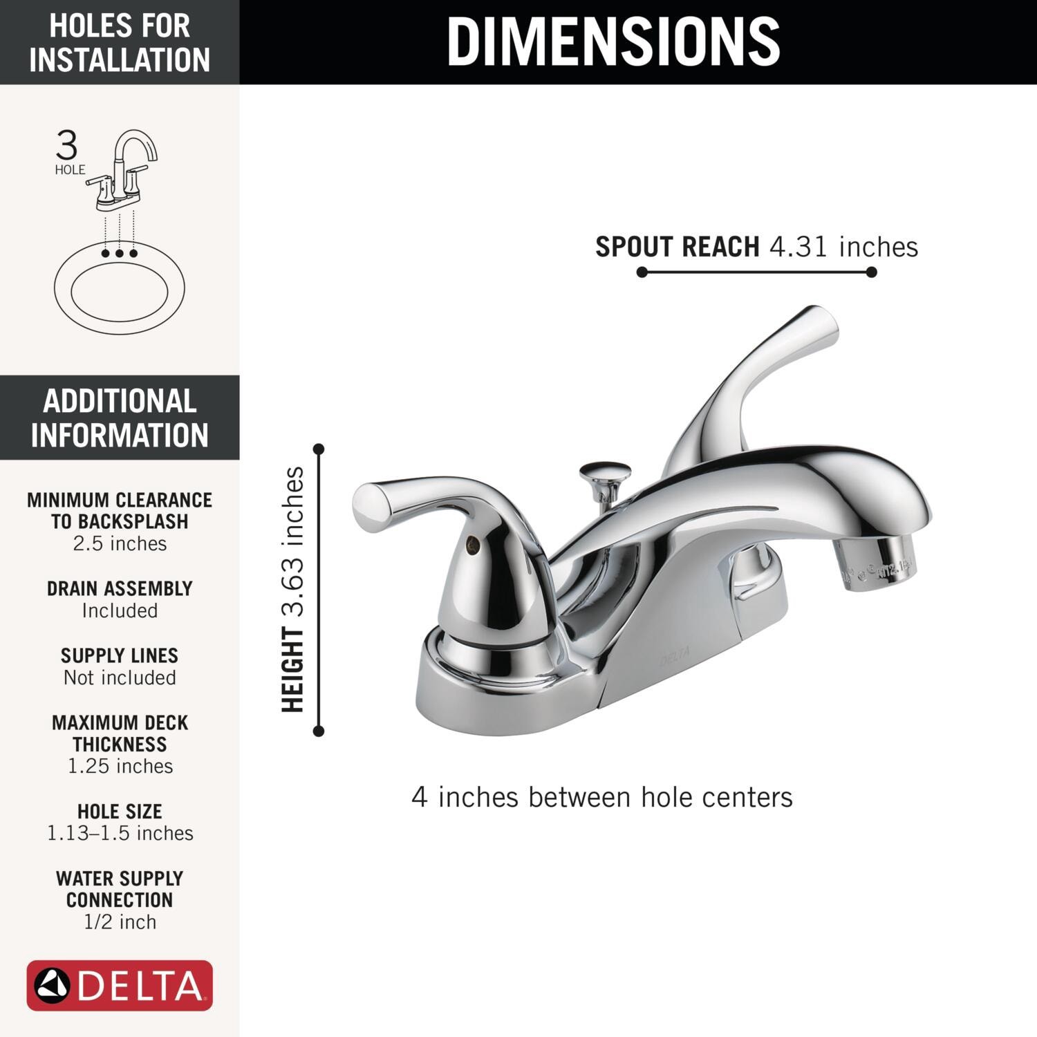 slide 6 of 6, Delta Foundations Chrome 4-in centerset 2-handle WaterSense Mid-arc Residential Handle Bathroom Sink Faucet with Drain, 1 ct