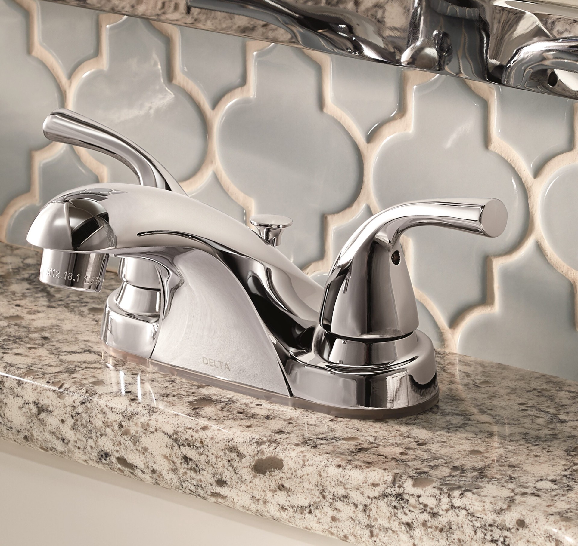 slide 1 of 6, Delta Foundations Chrome 4-in centerset 2-handle WaterSense Mid-arc Residential Handle Bathroom Sink Faucet with Drain, 1 ct