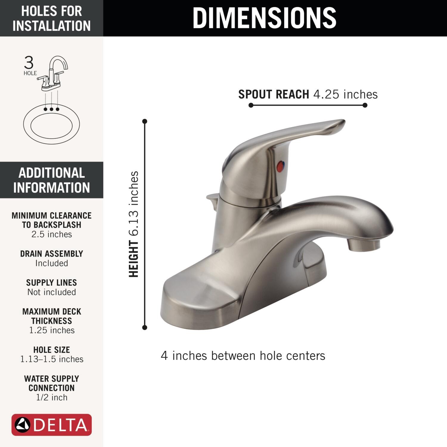 slide 3 of 6, Delta Foundations Stainless Steel 4-in centerset 1-handle WaterSense Mid-arc Residential Handle Bathroom Sink Faucet with Drain, 1 ct