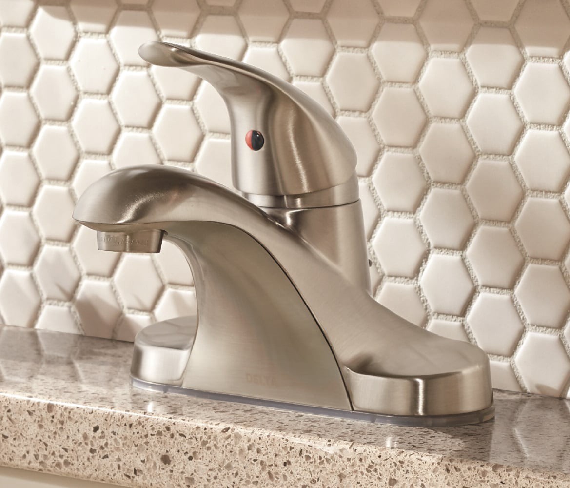 slide 1 of 6, Delta Foundations Stainless Steel 4-in centerset 1-handle WaterSense Mid-arc Residential Handle Bathroom Sink Faucet with Drain, 1 ct