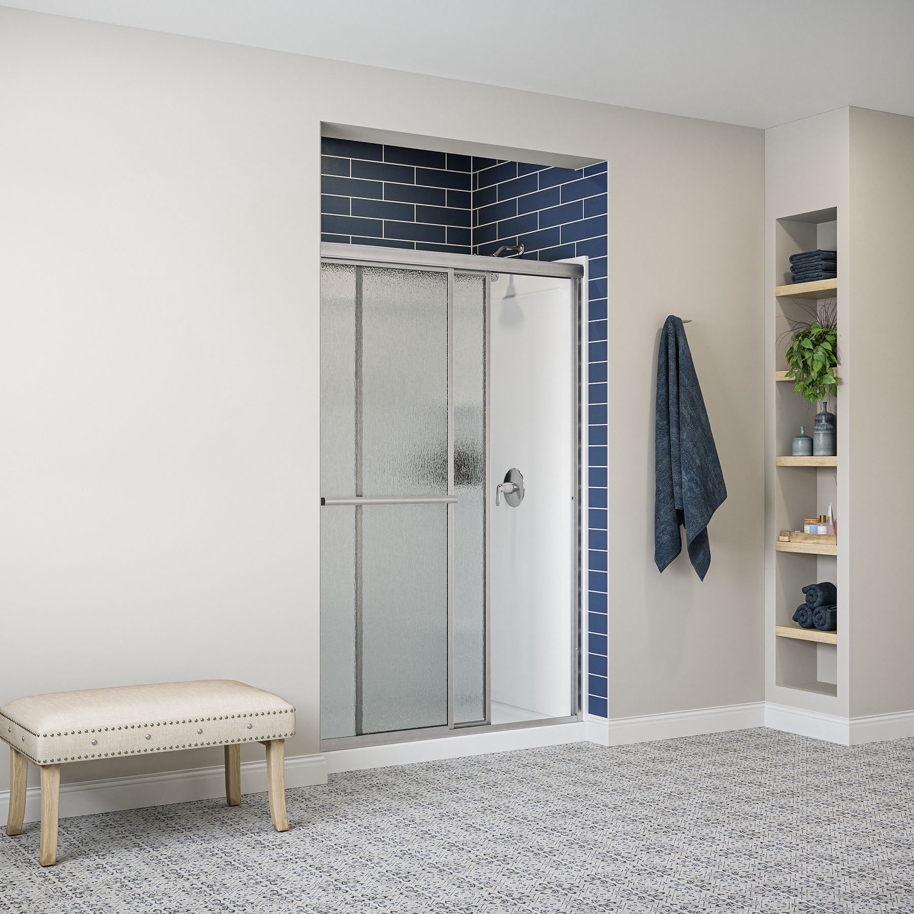 slide 3 of 6, Sterling 35.25-in W x 48.25-in L Center White Single Threshold Rectangle Shower Pan Base with 3-in H Threshold, 1 ct