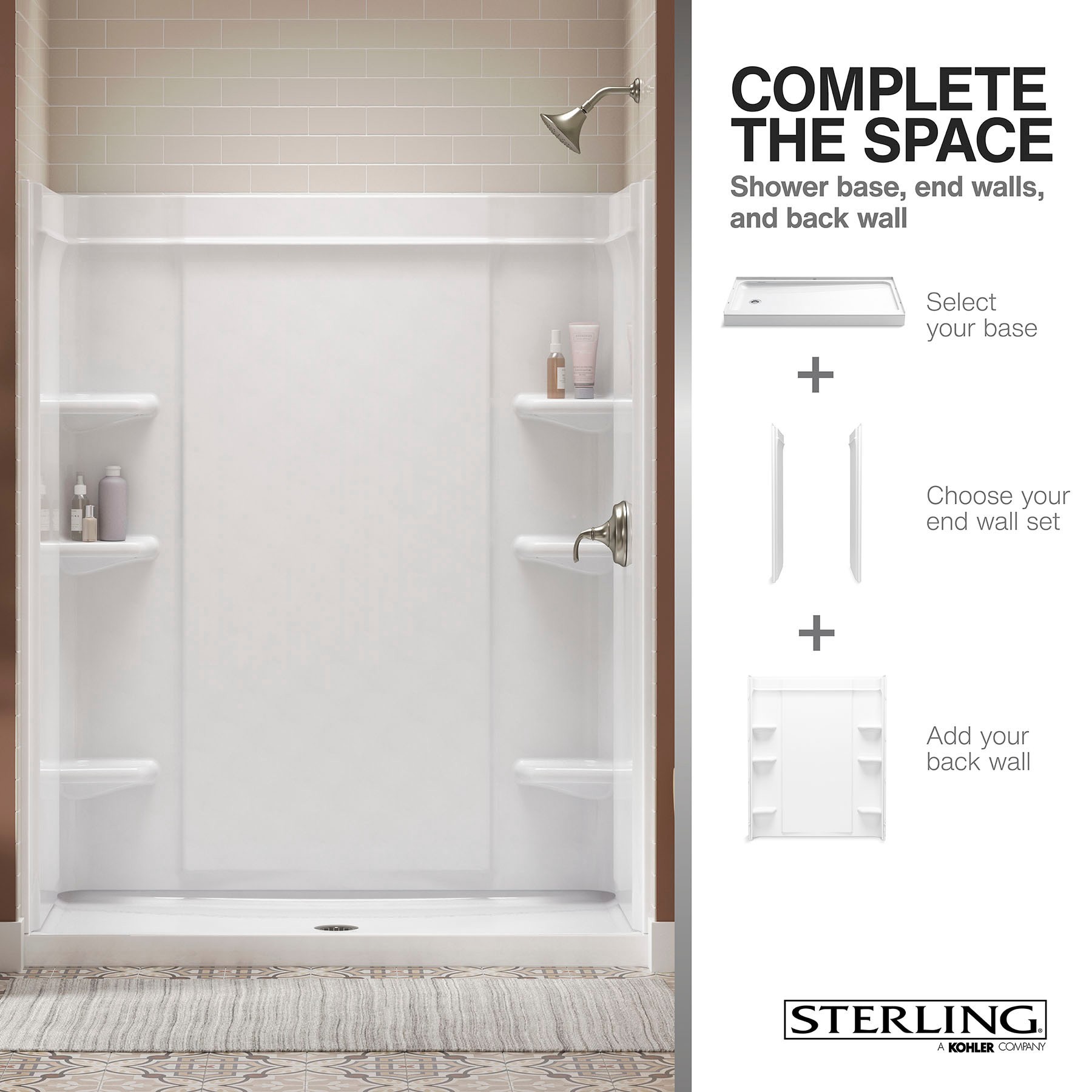slide 5 of 6, Sterling 34-in W x 60-in L Center White Single Threshold Rectangle Shower Pan Base with 3-in H Threshold, 1 ct