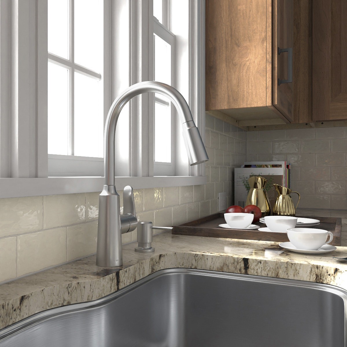 slide 3 of 6, Moen Edwyn Spot Resist Stainless Single Handle Deck-mount Pull-down Kitchen Faucet with Sprayer (Includes Deck Plate) (Includes Soap Dispenser), 1 ct