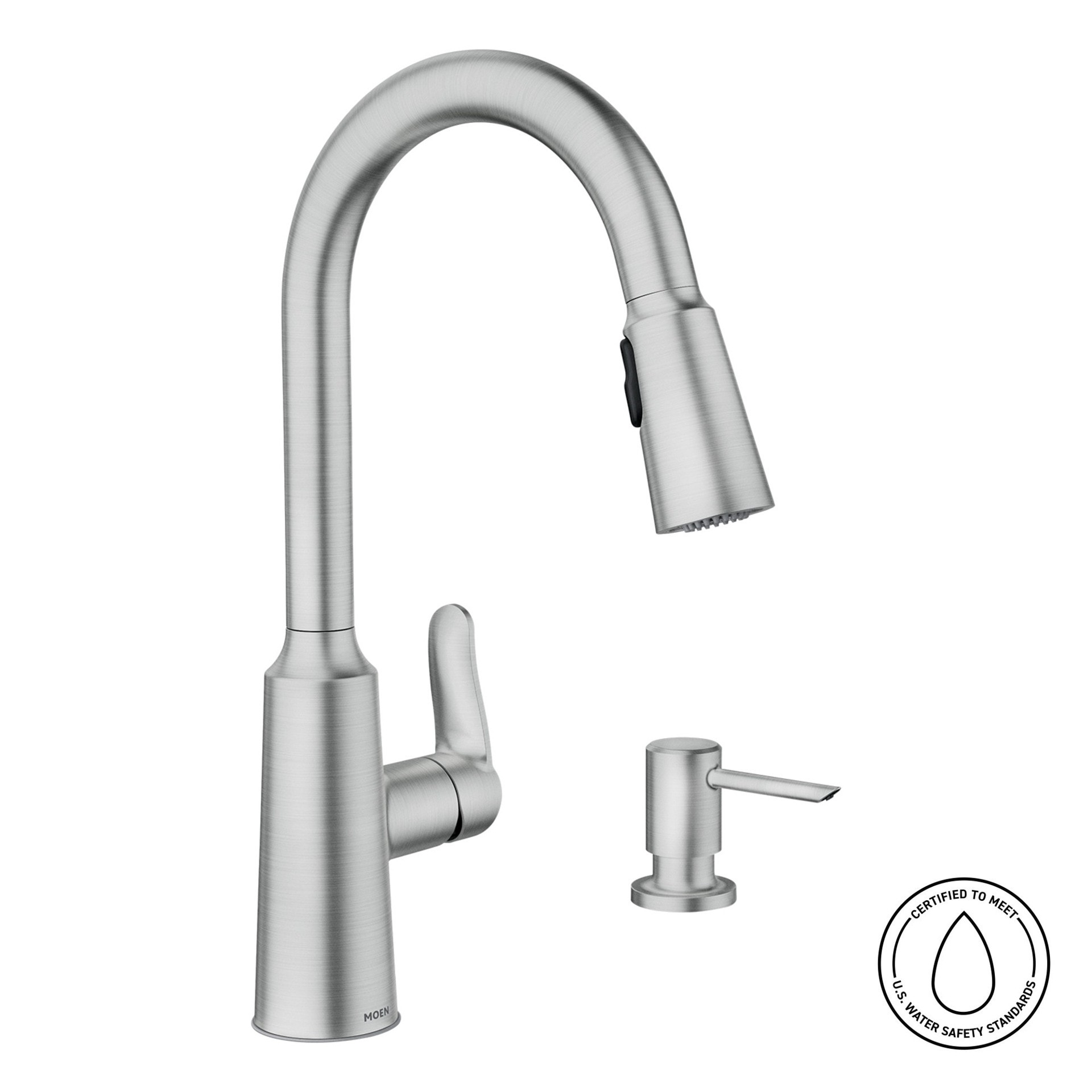 slide 4 of 6, Moen Edwyn Spot Resist Stainless Single Handle Deck-mount Pull-down Kitchen Faucet with Sprayer (Includes Deck Plate) (Includes Soap Dispenser), 1 ct