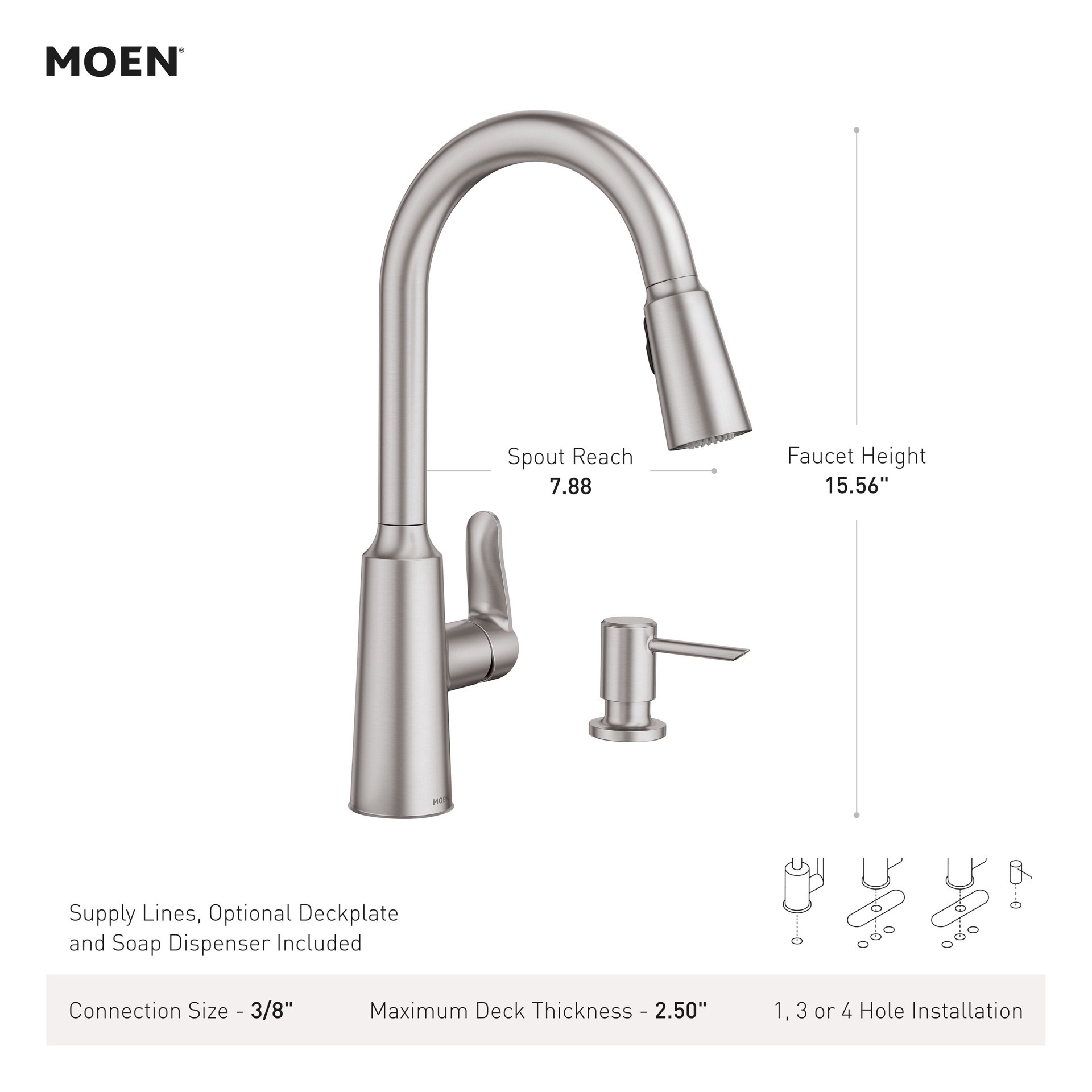 slide 5 of 6, Moen Edwyn Spot Resist Stainless Single Handle Deck-mount Pull-down Kitchen Faucet with Sprayer (Includes Deck Plate) (Includes Soap Dispenser), 1 ct